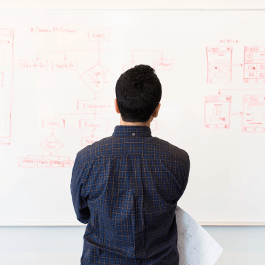 A person looking at a business plan on a whiteboard with the title that says Journey of Creating a Cosmetics Brand with MAYK 